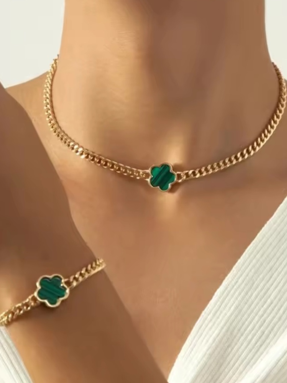 Anthropologie Gold Chain Necklace with Green Clover Charm